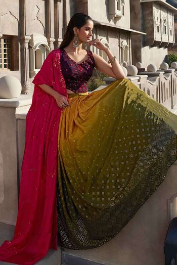 Chinon Silk Embellished Mirror Thread Embroidered Sequince  Lehenga Choli