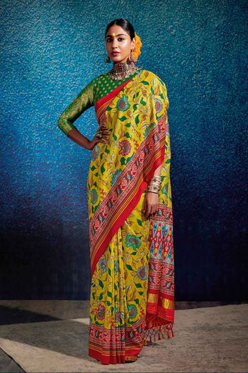 Kalamkari Print With Patola Pallu Patola Silk Saree With Blouse Sr01352678