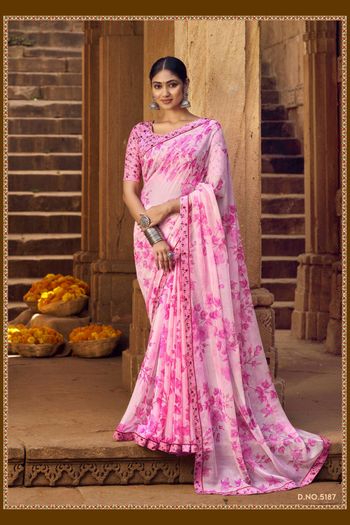 Chiffon Printed Saree With Digital Print Attached Border