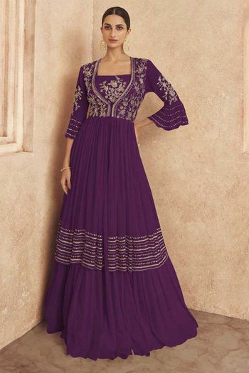 Chinon Silk Embroidery Stitched Long Gown