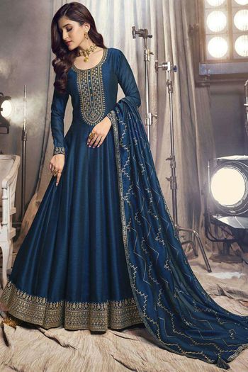 Women's Black Floral Blue Embroidered Georgette Semi Stitched Suits