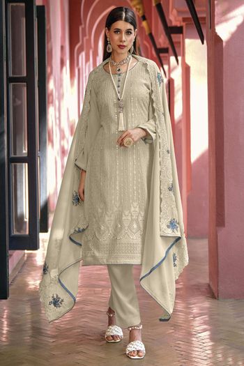 Silk Blend Embroidery Anarkali Suit In Off White Colour - SM4452237