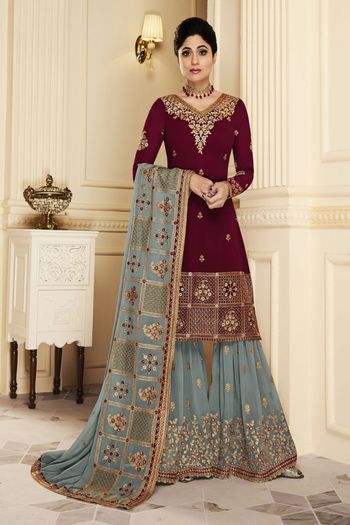 Blue Viscose Chinon Semi Stitched Sharara Suit Online FABANZA UK