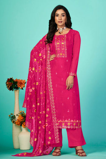 Viscose Rayon Embroidery Pant Style Suit In Pink Colour SS4781716