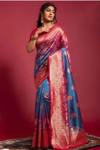 Jacquard Woven Banarasi Silk Blend Saree With Blouse Sr01352419