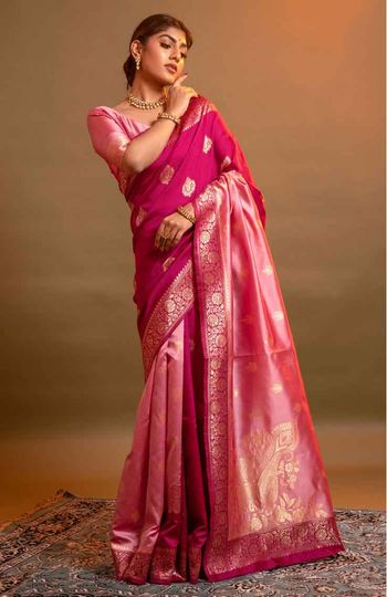 Jacquard Woven Banarasi Silk Blend Saree With Blouse Sr01352357