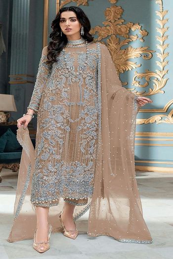 Beautiful Fancy Fabric Peach Readymade Straight Cut Salwar Suit With  Printed Dupatta