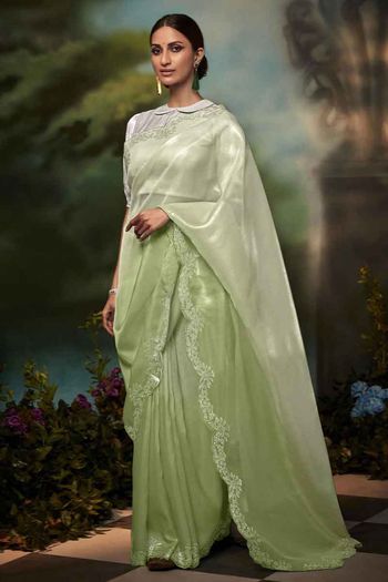 Buy Peach Orange Organza Saree online-Karagiri