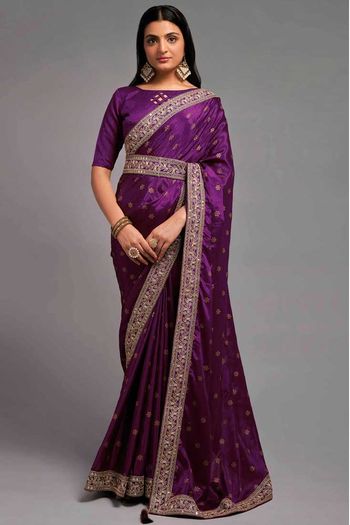 Buy Diwali Saree | Plum Purple Traditional Zari Embroidered Party Wear Saree