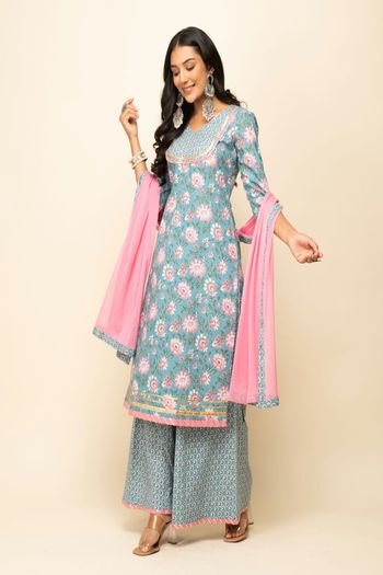 Cotton Suit with Printed, Hand work SM054113650