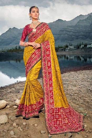 Pure Gajji Bandhej Satin Sarees With Embroidred With Mirror, Moti & Cut Dana Work SR01353263