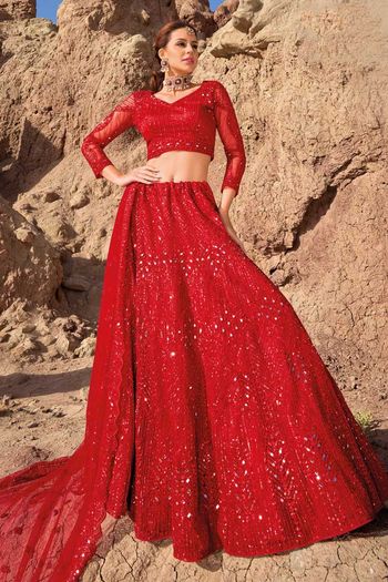 Pure Net Lehenga Choli With Heavy Thread Embroidery with Cut, Mirror and Zarkan Work LD01353089