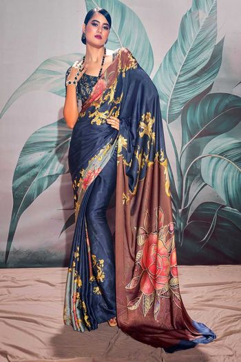 Jaanvi fashion Women's Crepe Silk Printed Saree, Blue, One Size :  : Clothing, Shoes & Accessories