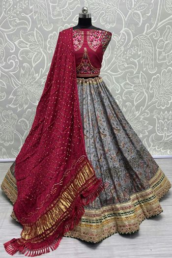 Silk Lehenga with Printed, Embroidery Lace work LD054113535