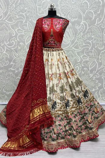 Silk Lehenga with Printed, Embroidery Lace work LD054113539