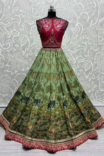 Silk Lehenga with Printed, Embroidery Lace work LD054113537