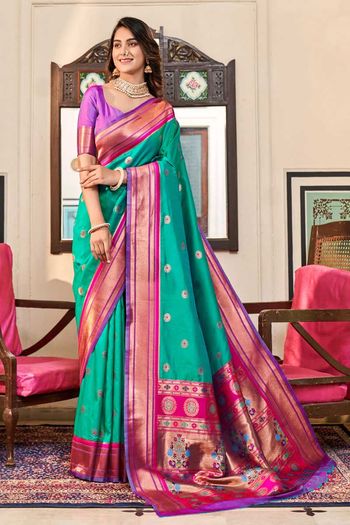 Buy Blue Peshwai Silk Paithani Saree At KHUSHKAR – Khushkar