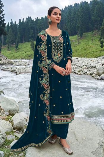 Velvet Salwar Kameez with Heavy Designer Floral Embroidery work SM054113433