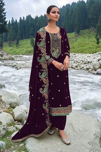 Velvet Suit with Heavy Floral Embroidery work SM054113688