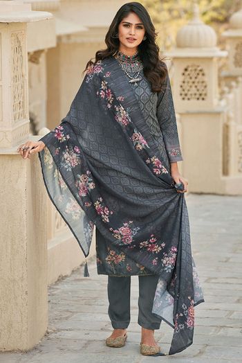 Velvet Palazzo Suit with Digital print in Grey - PZ3321