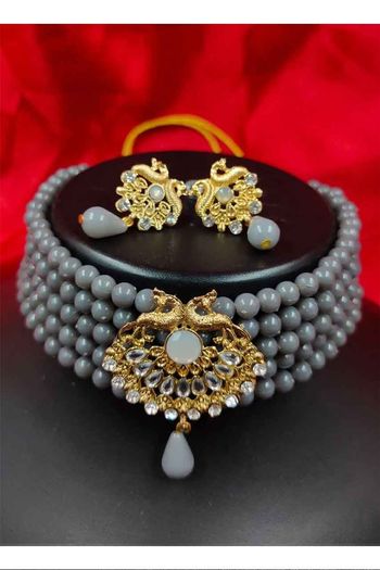 Indian Festive Dark Gray Colour Necklace Set NS05646825