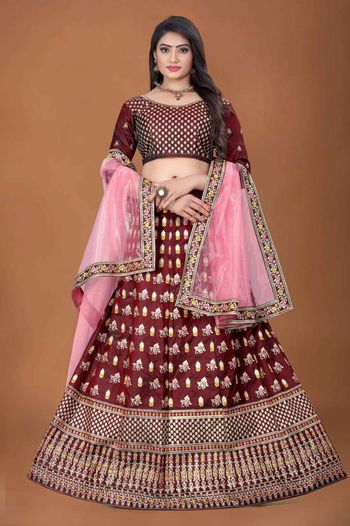 Taffeta Silk Embroidery Lehenga Choli In Maroon Colour - LD3880328