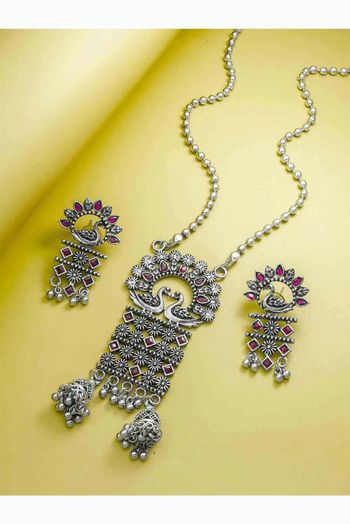 Oxidized Silver Temple Necklace Set NS054113007