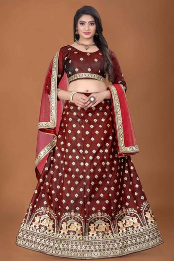 Pallakhi Satin Embroidery Lehenga Choli In Maroon Colour LD04470359 A