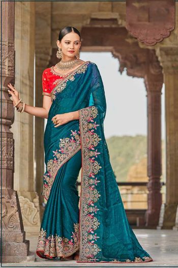 Buy Women's Gorgeous Rama with Royal Blue Colour Soft Silk Saree With  Brocade Blouse at Amazon.in