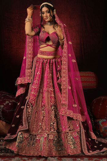 Buy Red Dupian Silk Embroidery Sweetheart Neck Bridal Lehenga Set For Women  by Megha & Jigar Online at Aza Fashions.