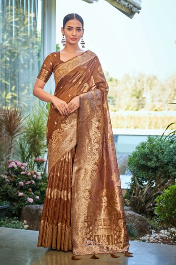 Rust Orange Banarasi Zari Woven Munga Silk Saree - Albis Online