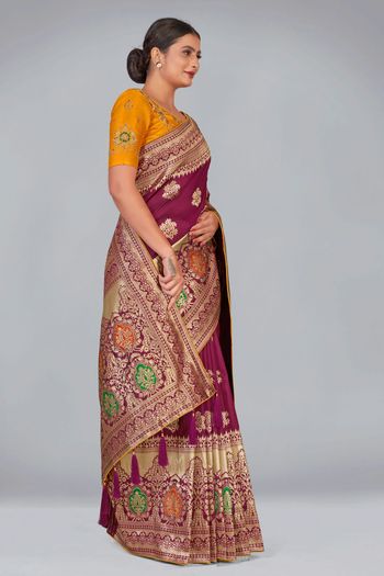 Banarasi Silk Blend Woven Embroidered Work Tussles Saree