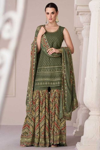 Heavy Thread Embroidery Sequins Work With Digital Print Sharara And Dupatta Salwar Kameez  SM01353053