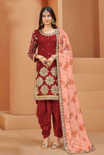 Art Silk Embroidery Salwar Kameez In Red Colour SM05644555