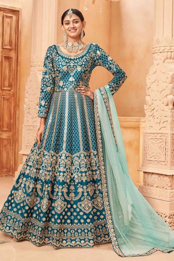 Art Silk Embroidery Salwar Kameez In Teal Colour SM05644536