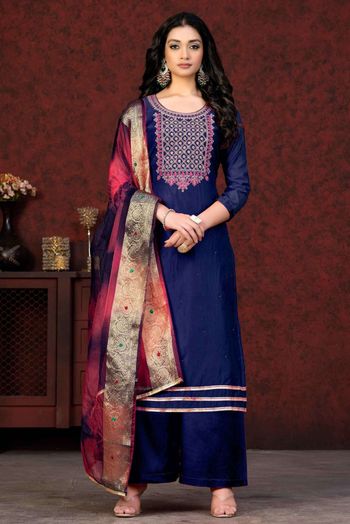 Chanderi Embroidery Salwar Kameez In Blue Colour SM05419780