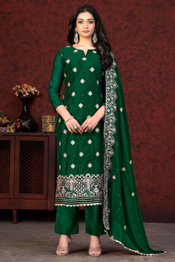 Chanderi Embroidery Salwar Kameez In Green Colour SM05419768