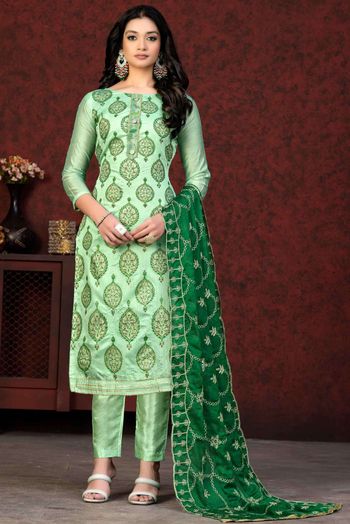 Chanderi Embroidery Salwar Kameez In Green Colour SM05419774