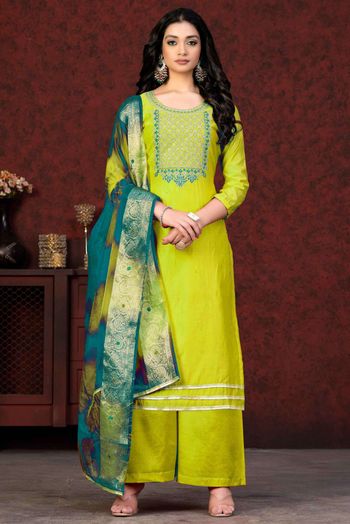 Chanderi Embroidery Salwar Kameez In Green Colour SM05419779