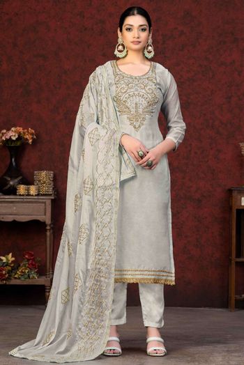 Chanderi Embroidery Salwar Kameez In Grey Colour SM05419798