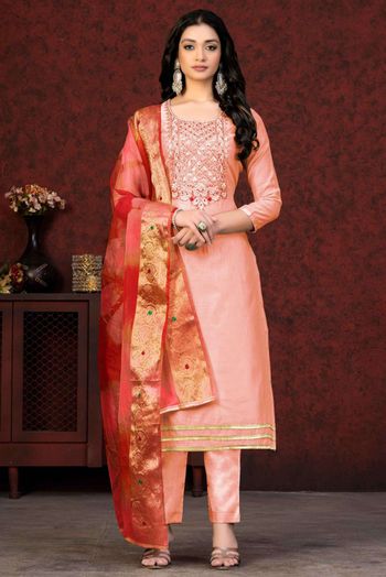 Chanderi Embroidery Salwar Kameez In Peach Colour SM05419800