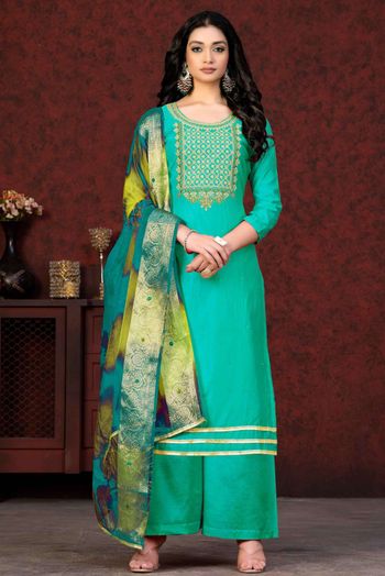 Chanderi Embroidery Salwar Kameez In Sea Green Colour SM05419778