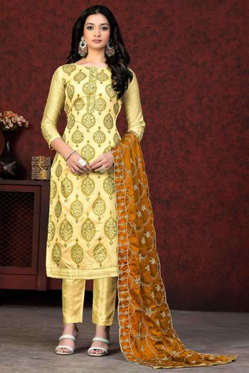 Chanderi Embroidery Salwar Kameez In Yellow Colour SM05419776