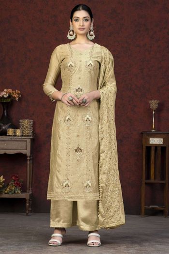 Net Fabric Anarkali Salwar Suit Cream,Golden Colour.