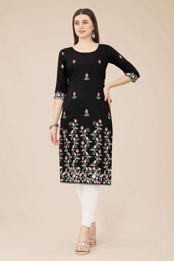 Chinon Embroidery Kurti In Black Colour KR05419325