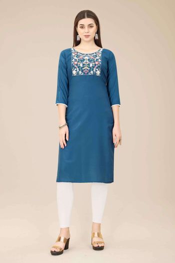 Chinon Embroidery Kurti In Blue Colour KR05419335