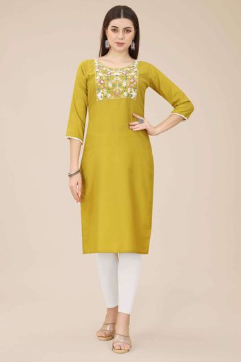 Chinon Embroidery Kurti In Green Colour KR05419336