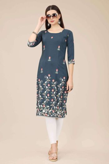 Chinon Embroidery Kurti In Grey Colour KR05419326