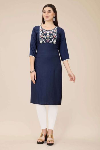 Chinon Embroidery Kurti In Navy Blue Colour KR05419338