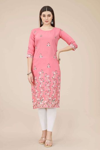 Chinon Embroidery Kurti In Pink Colour KR05419324